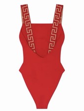 Versace Red  Gold Greek Key One-Piece Swimsuit Wide Straps Size 3