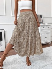 BOHO Ladies High Elastic Waist Floral Swing Skirt Long Summer Holiday Dress SIZE