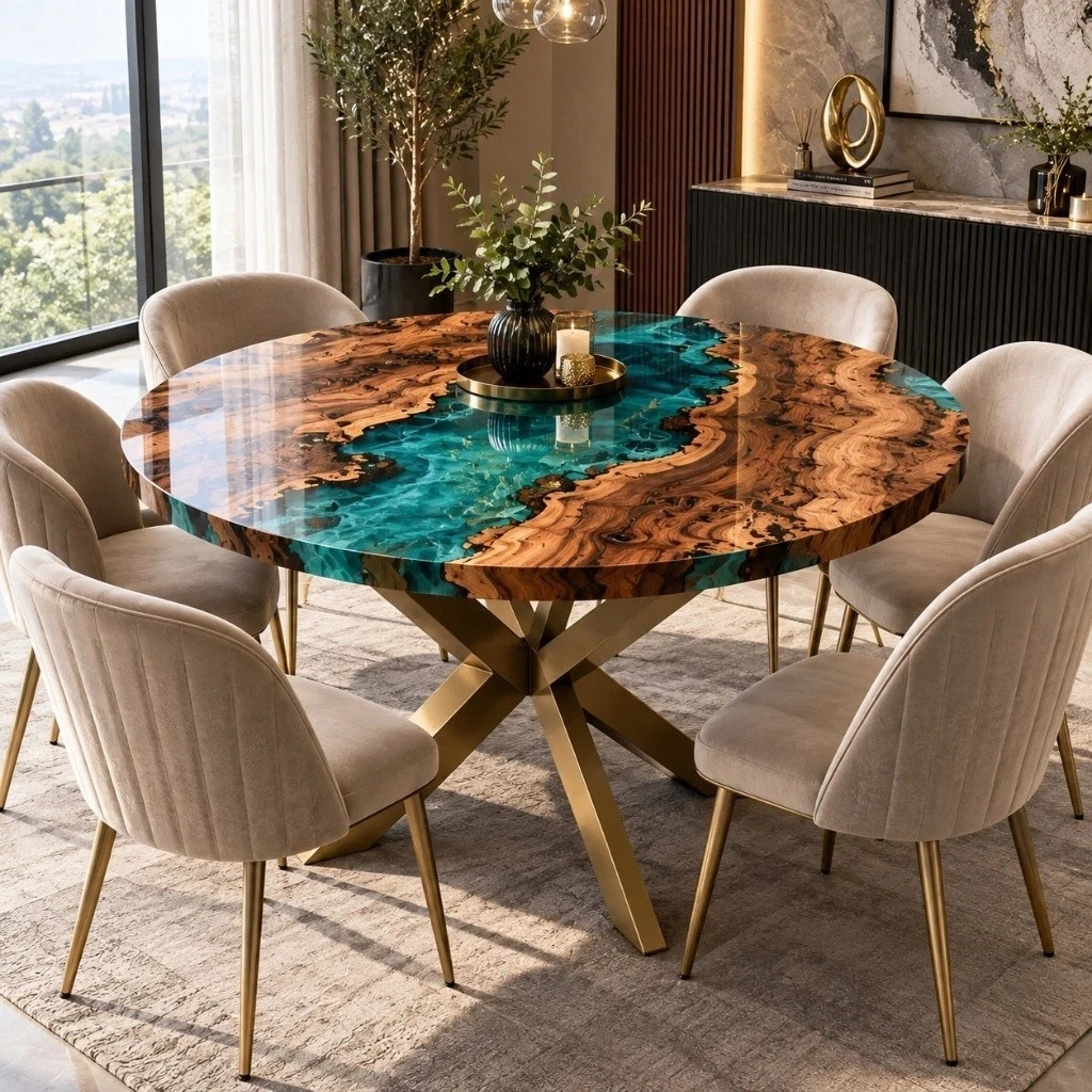 Round Walnut Wood Turquoise Blue Epoxy Resin River Dining Table