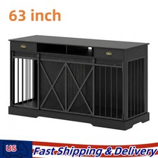 63 inch Wooden Double Dog Crate for 2 Dogs TV Stand Dog Kennel w/ Sliding Door