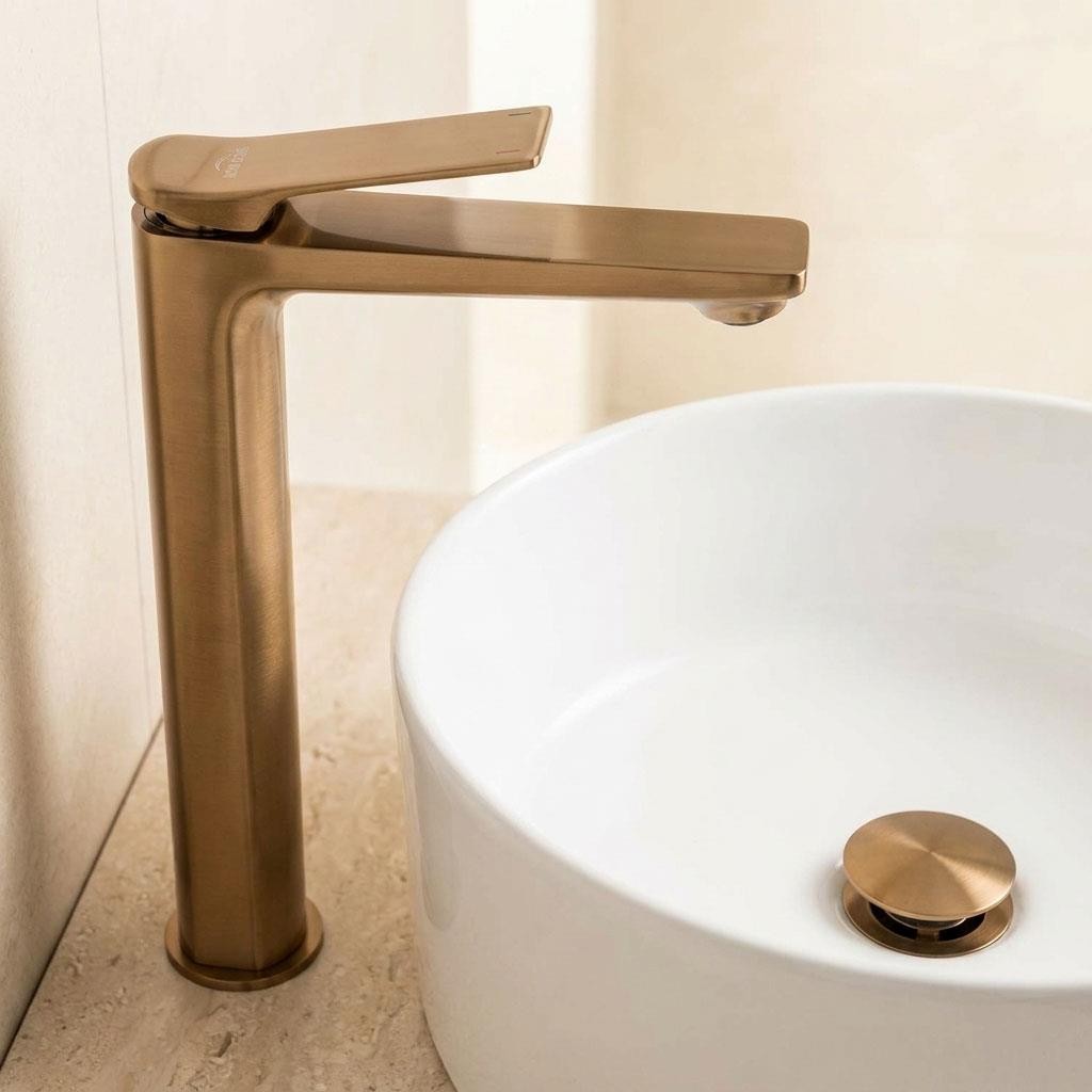 Tall Bathroom Sink Tap Brushed Copper Bronze Single Lever NERI PLUS