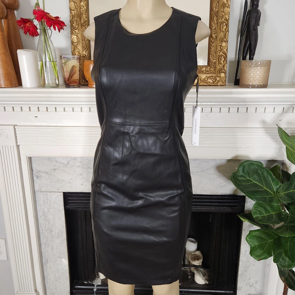 Vestido Calvin Klein Negro Imitación Cuero Talla 6 Corpcore Oficina Sirena Elastizado Foto 3 de 4