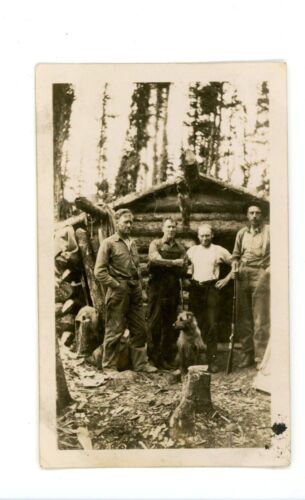 Forestry logging men in cabin with gun dog - vintage snapshot found photo - Picture 1 of 3