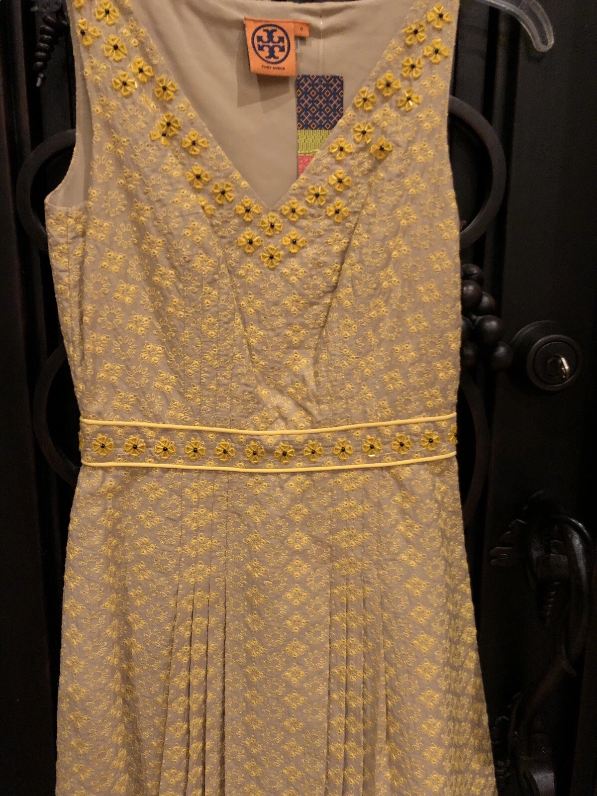 ABITO TORY BURCH LEENA RICAMATO IMPREZIOSITO GIALLO PANNA TG 0 NUOVO CON ETICHETTE