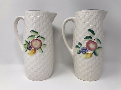Vintage Ceramic Basketweave 2 Pitcher 4 Cup Fruits Hand Painted Japan Pottery - Picture 4 of 11