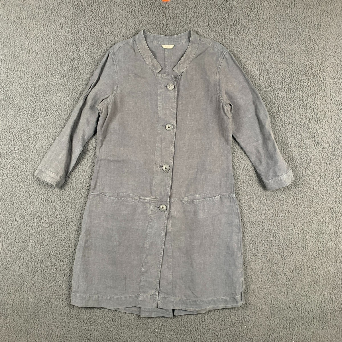 POETRY Dress Womens UK 10 Grey A Line Midi 100% Linen Button Band Collar  Pockets