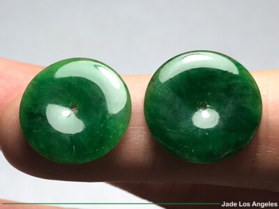 2 Donut Circle Translucent Emerald Green Jadeite Jade Earrings (平安扣翠綠冰種花青) *READ