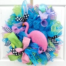 Summer Pink Flamingo Wreath Large 24" Handmade Deco Mesh Door Decoration