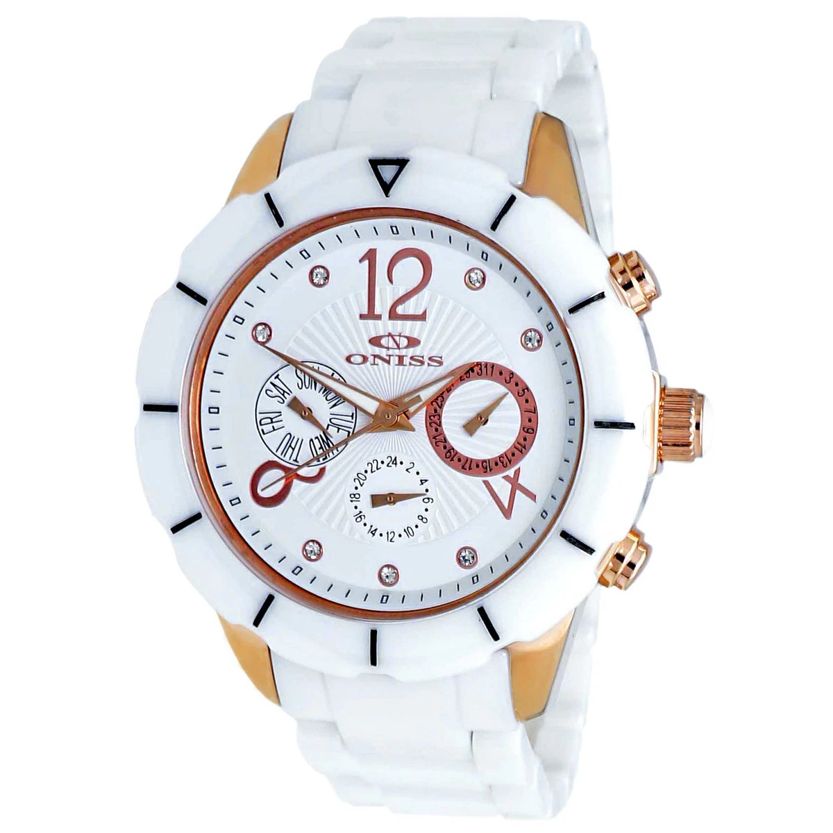 Oniss Paris White Ceramic MOP Day Date Watch 38mm Sapphire Crystal w New Battery Oniss Paris Elegant Slim White Ceramic Watch With Box, Tag  main image 2