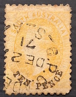 1869 South Australia Black 10d on 9d Yellow Sideface stamp P11.5 12.5 Used C£90