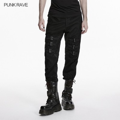 Punk Rave Men Black Gothic Punk Mesh & Buckle Minimalist Trousers Long Fit Pants