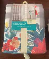 Pioneer Woman Sweet Romance Gray Gingham Floral Fabric Shower Curtain 72" x 72"