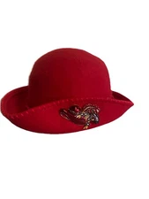 Vintage Red Hat Society 100% Wool Red Bowler Derby Fancy Metal Pin HAT Chic!