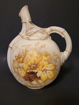 Royal Worcester 1890 Floral & Bamboo Gold Gilt Ivory Porcelain Pitcher No.1341