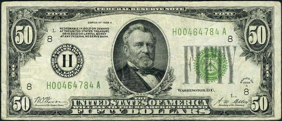 FR. 2101 H $50 1928-A Federal Reserve Note St. Louis H-A Block  VF+ - Image 2 of 3