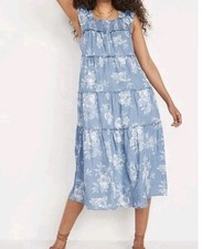 Old Navy Chambray Floral Tiered Midi Dress M Smocked Light Blue Floral Print