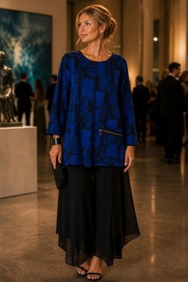 Ali Miles Blue Black Abstract Geometric Tunic Top 3/4 Sleeve Zipper Pocket Sz M