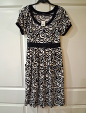 Tahari Black/White Abstract Fit & Flare Knit Scoop Neck Short Sleeve Dress S
