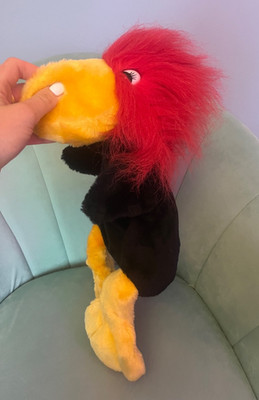 PRIMARK ROT SCHWARZ GELB VOGEL QUIETSCHEN Handpuppe Plüschtier Kuscheltier