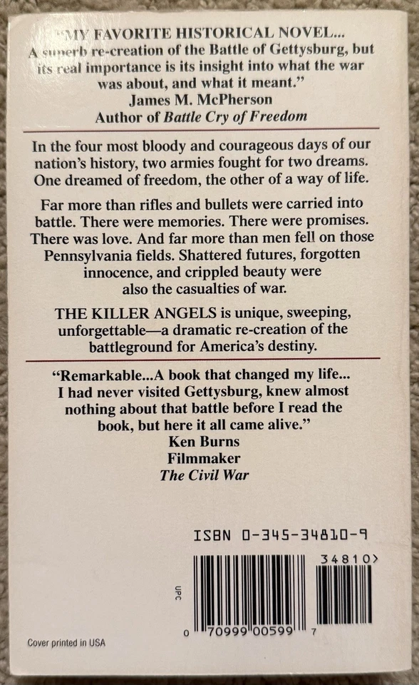 THE KILLER ANGELS BY MICHAEL SHAARA 1993 BALLANTINE PAPERBACK NOVEL CIVIL WAR #2 - Image 2 of 4