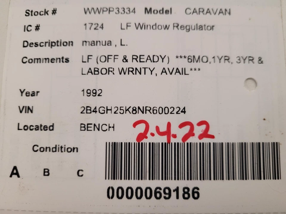 Used Front Left Door Window Regulator Front fits: 1992 Dodge Caravan manual Fron Foto 3 de 4