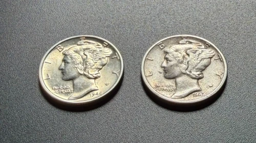 1944 Mercury Dimes (2)-Denver Uncirculated, San Francisco Circulated-90% Silver