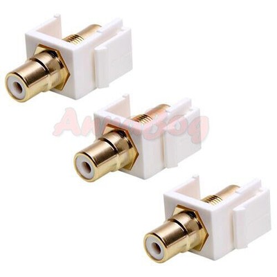 3PCS RCA Modular Keystone Jack White Center Audio Cable Coupler for Wall Plate