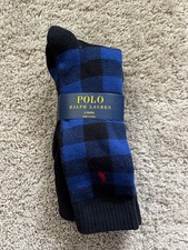 Polo Ralph Lauren 2 Pairs Tartan Plaid Blue and Black Crew Socks Men's 6 - 12.5