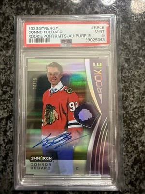 2023-24 Upper Deck Synergy Connor Bedard Rookie Portraits Purple Auto #/10 PSA 9