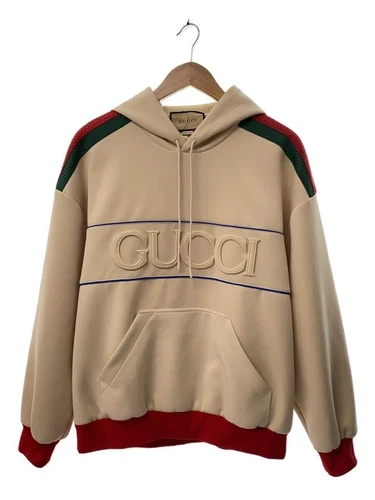 GUCCI XJFS5 Felpa con Cappuccio S Poliestere Beige Logo Tasca a Manicotto 752274 Usata