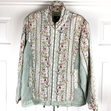 Vintage Hunt Club Womens Windbreaker Large Green Pink Floral Full Zip Silk 90's