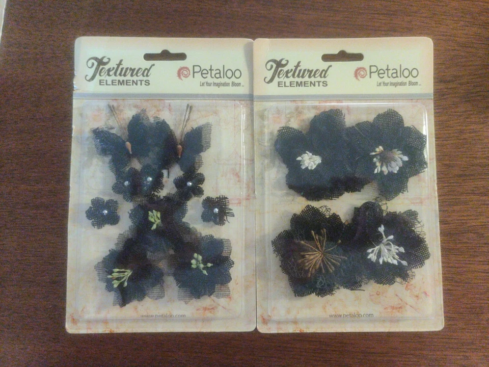 Lot 6 pkg 2.5" Petaloo Textured Floral Burlap Flowers natural black pink #51 - Image 2 of 4