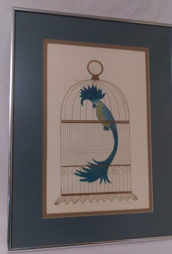 Kunstdruck Vogel im vergoldeten Käfig Vintage gerahmt signiert 75/150 - Bild 2 von 11