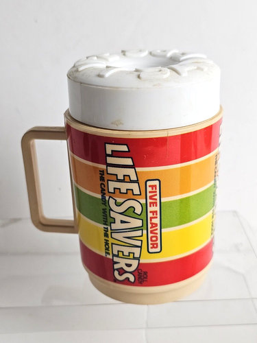2-Vtg Life Savers Roll Candy Plastic Mug w/ White Life Saver Lid w/Straw Hole - Picture 2 of 6