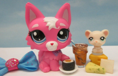 LITTLEST PET SHOP #3561 PINK WHITE PERSIAN CAT + TEENSIE MOUSE SUSHI ACCESSORIES