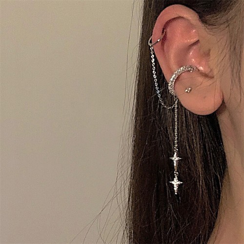 Silver Color Crystal Tassel Non-Piercing Cuff Ear Clip Rhinestone Star Earring - Bild 3 von 7