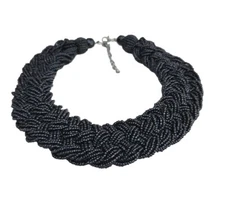 Vintage Heavily Beaded Braided Black Choker Bib Collar Statement Necklace