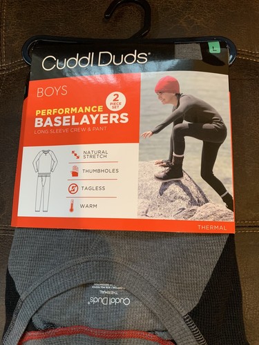 Cuddl Duds Boy's Black Gray Size L (12/14) Performance Base Layer Crew Top Pants - Imagen 3 de 6