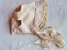 Vintage Doll Bonnet Pink Cotton with Lace Trim Unusual Button Back 