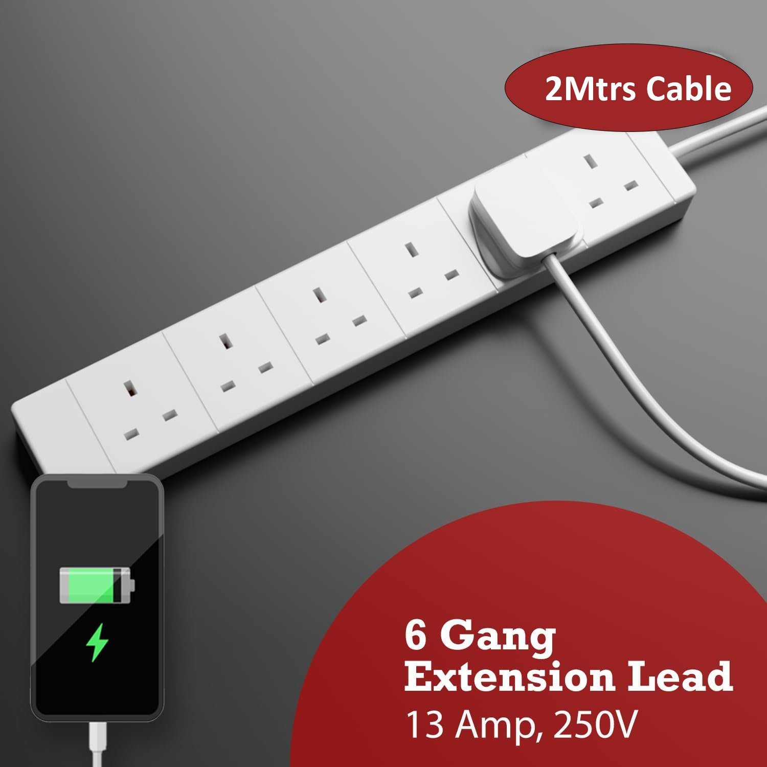 6 Way Mains Extension Lead Gang Socket Power 2M Metre Cable 13A Amps White