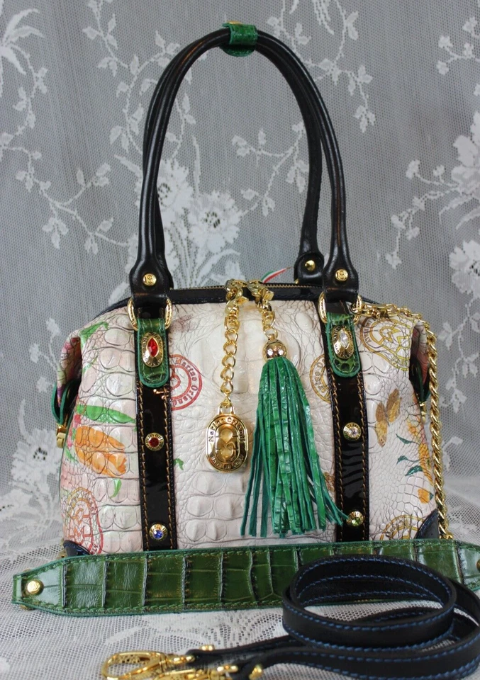 Marino Orlandi, Bolso Cuadrado de Cuero Repujado de Cocodrilo Multicolor, Eslinga, Cartera - Nuevo con Etiquetas