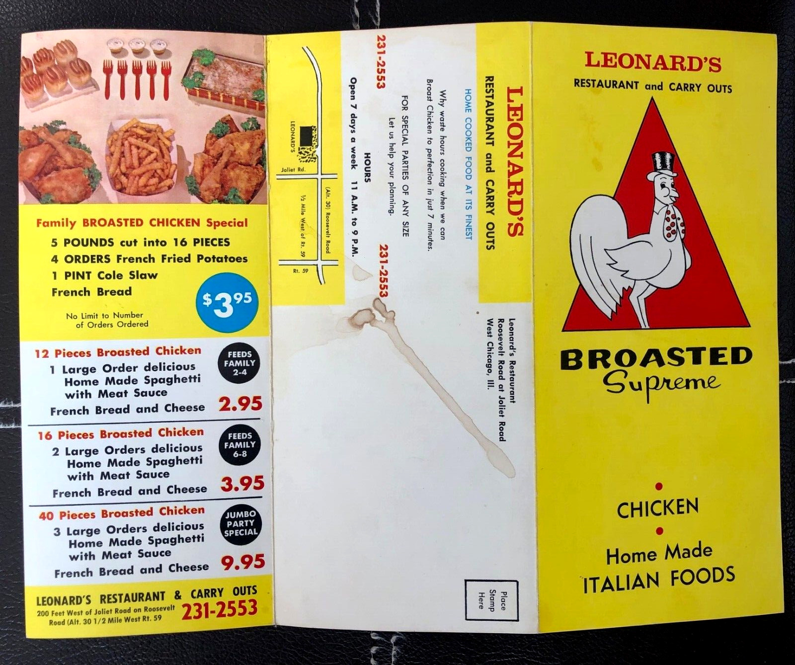 West Chicago Illinois Vintage Menu Leonard's Restaurant Roosevelt