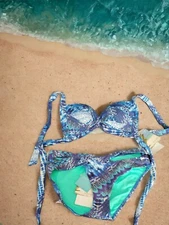 Sunseeker Australia Swimsuit US 12 Bikini Bathing Suit Blue Multi Logo Swim New 