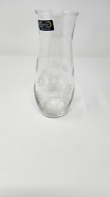 Vintage Pasabahce Turkey Etched Glass Vase Floral daisy daisies 6.75'' z5