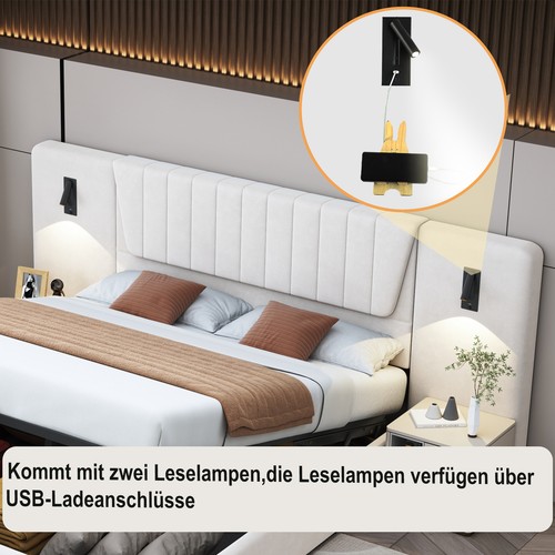 Cama tapizada 180x200cm cama doble con respaldo extra largo cabecero, lámpara de lectura - Imagen 10 de 14
