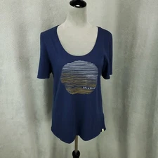 Life is Good Shirt Womens Large Blue Sunset Graphic Print Fitted Tee Scoop Neck