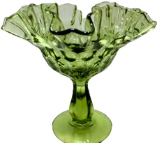 Vintage Fenton Glass Thumbprint Pedestal Candy Dish or Compote Green #4429