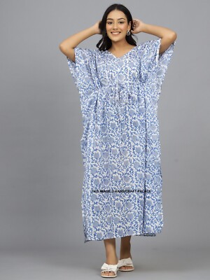 Indian Blue Hand Block Print Cotton Hippie Maxi Women Nightwear Caftan Dress