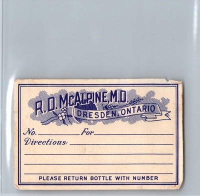 Vintage R.D. McAlpine MD Dresden Ontario Pharmacy Label Copy A