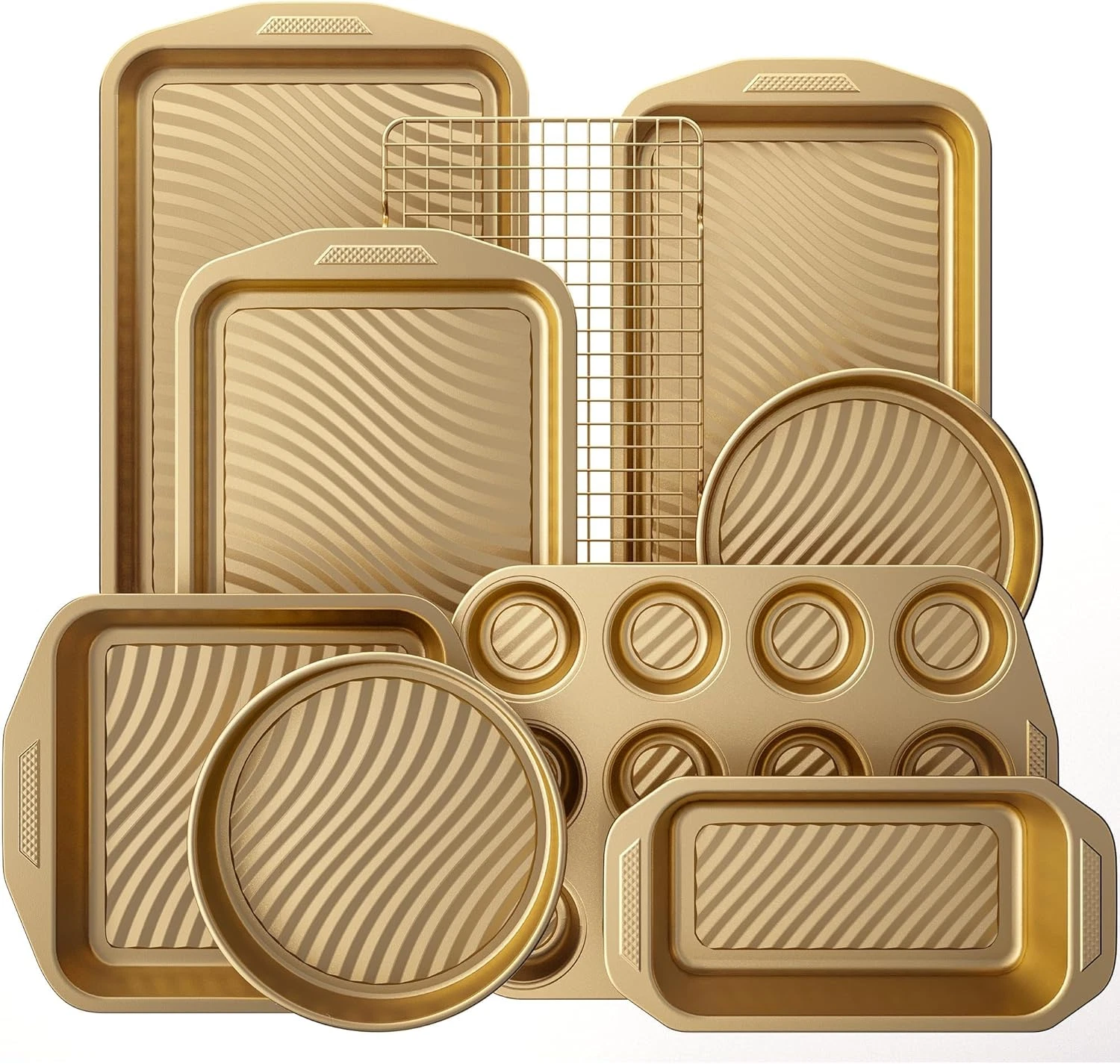 9 Piece Baking Pans Set with Wave Texture 0.8Mm Thick Non Toxic Bakeware Gold